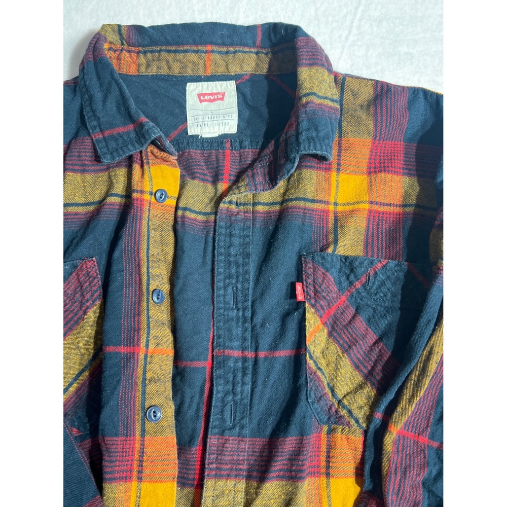Levis Mens Plaid Flannel Shirt Navy Blue Yellow Red Cotton Button Up Large